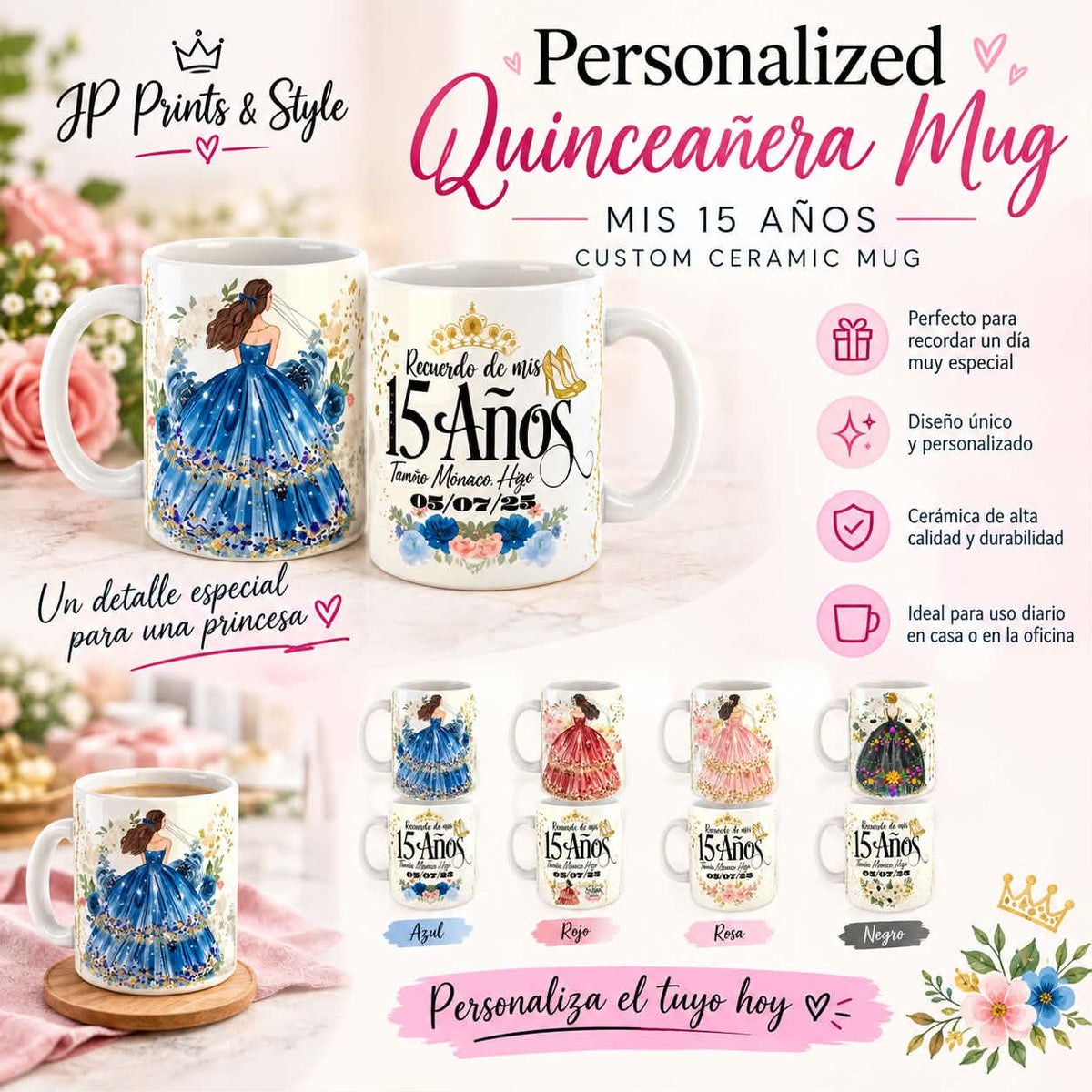 Personalized Quinceañera Mug | Mis 15 Años Custom Ceramic Mug