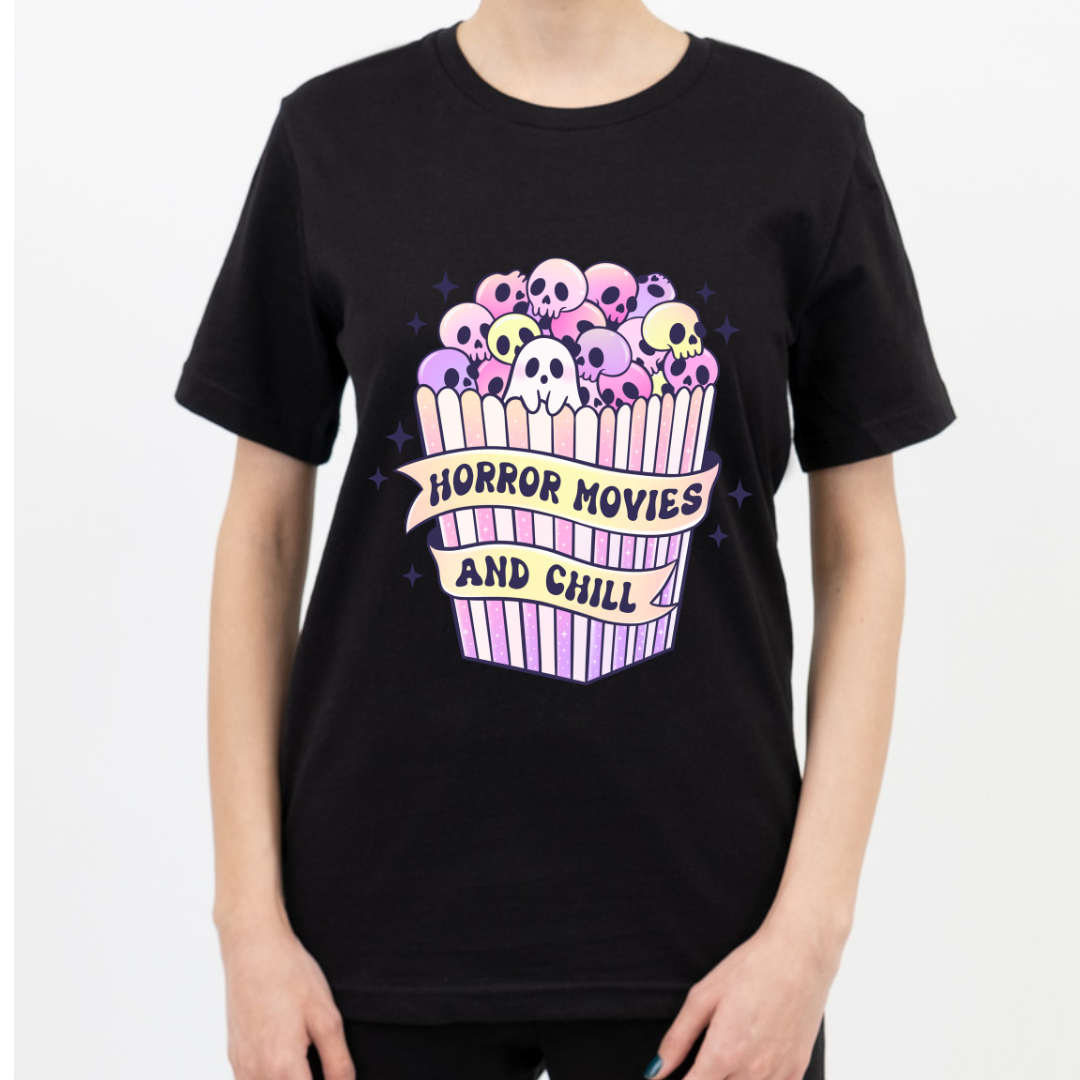 Pink Horror Movies and chill Tee | Halloween Graphic Tee