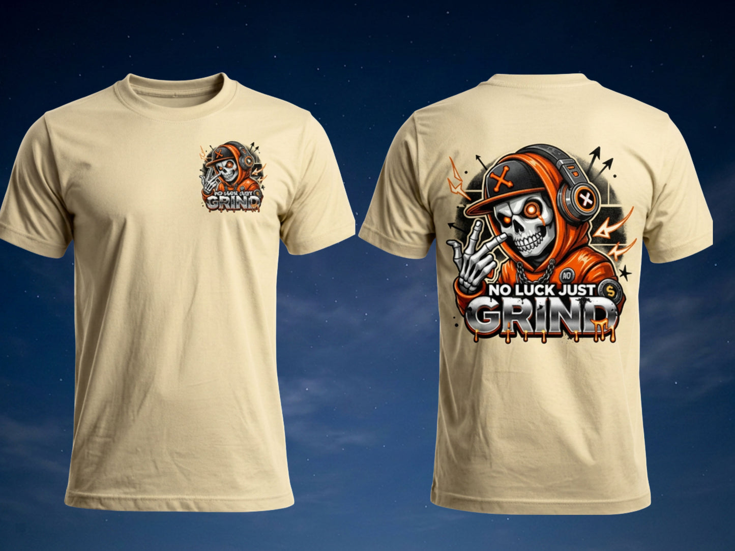 No Luck Just Grind Skull Graphic T-Shirt | Front & Back Print